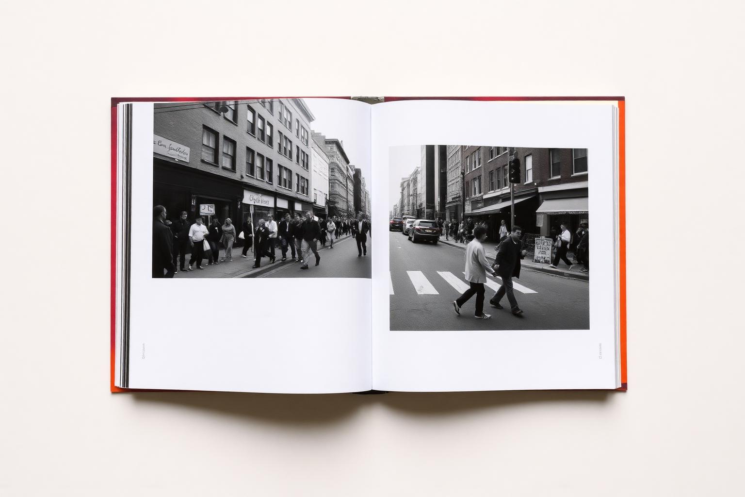 Book spread on pages 110 and 111, photographed flat: two city sidewalk photographs paired across the gutter.