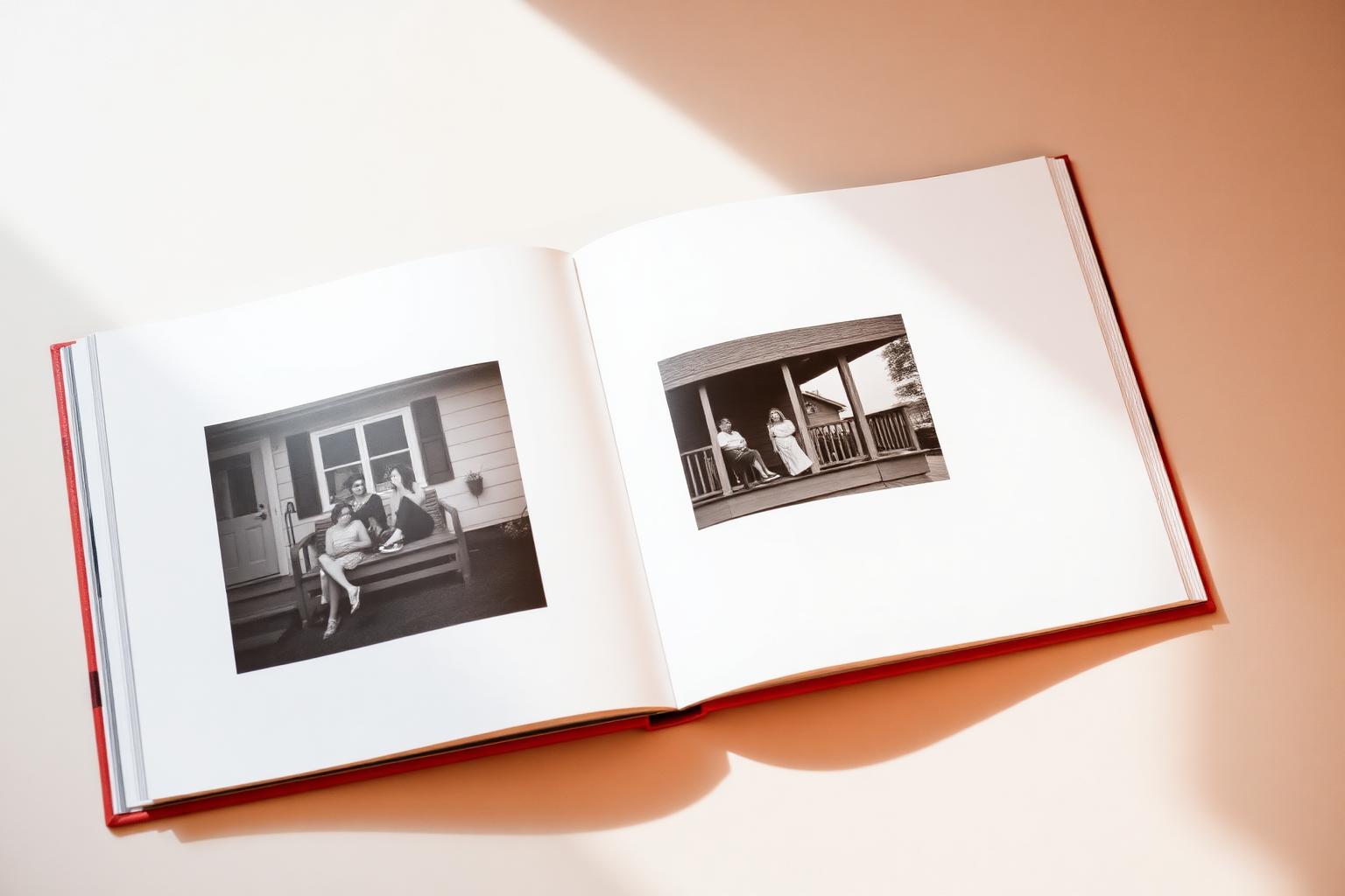 Book spread on pages 92 and 93, photographed flat: two porch photographs sitting in wide white margins.