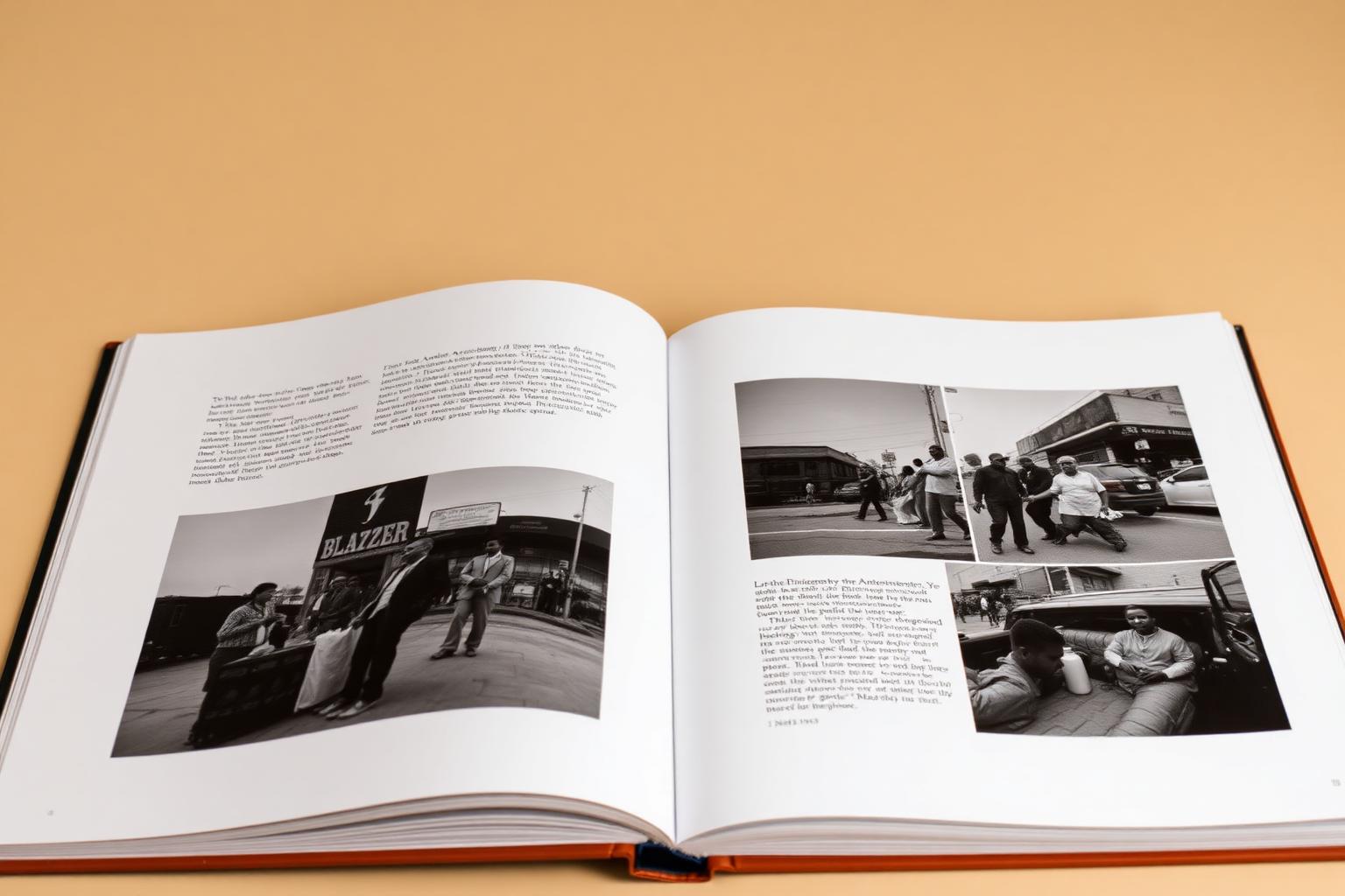Book spread on pages 12 and 13, photographed flat: a storefront scene on the left page and a sequence of street frames on the right.