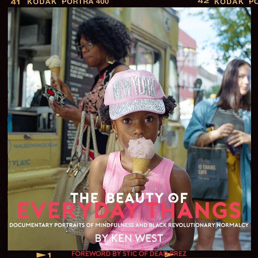 The cover of The Beauty of Everyday Thangs, showing a girl in a pink New York cap eating ice cream, framed by Kodak Portra 400 film edge markings.